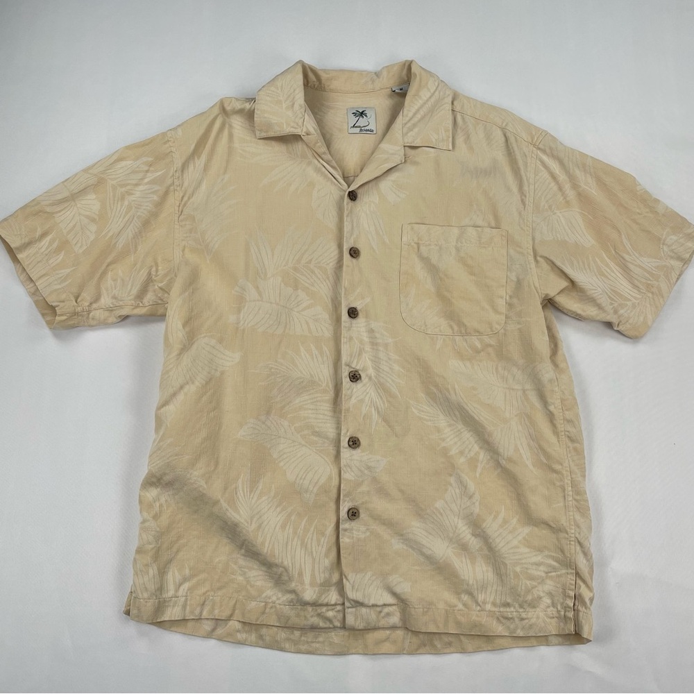 Brigata 100% Silk Button Up Hawaiian Shirt Mens M Beige Tan Floral Textured Palm